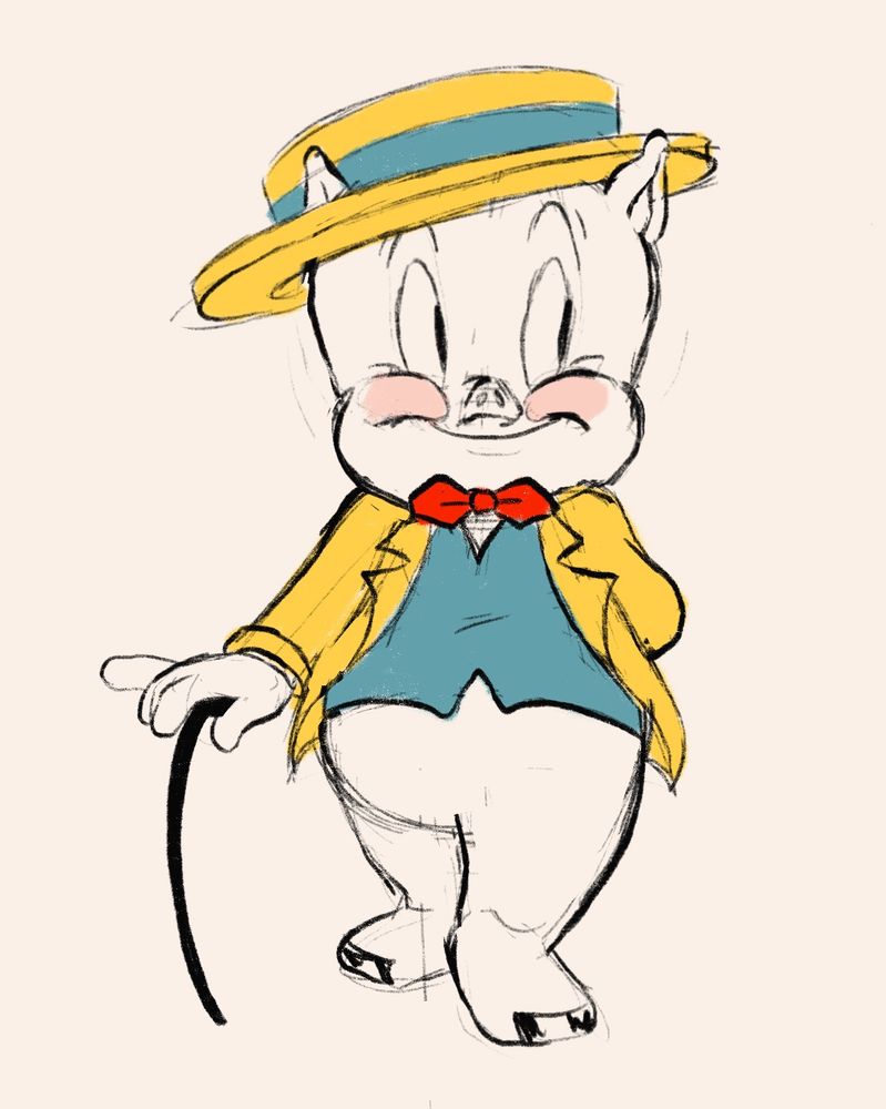 A drawing of Porky Pig in his Bugs Bunny Show getup. He stands with one hand on a cane, the other hand behind his back--he's facing straight at the camera, but looking off to the right. He wears a yellow jacket, blue vest, and red bow-tie, with a matching yellow and blue hat.