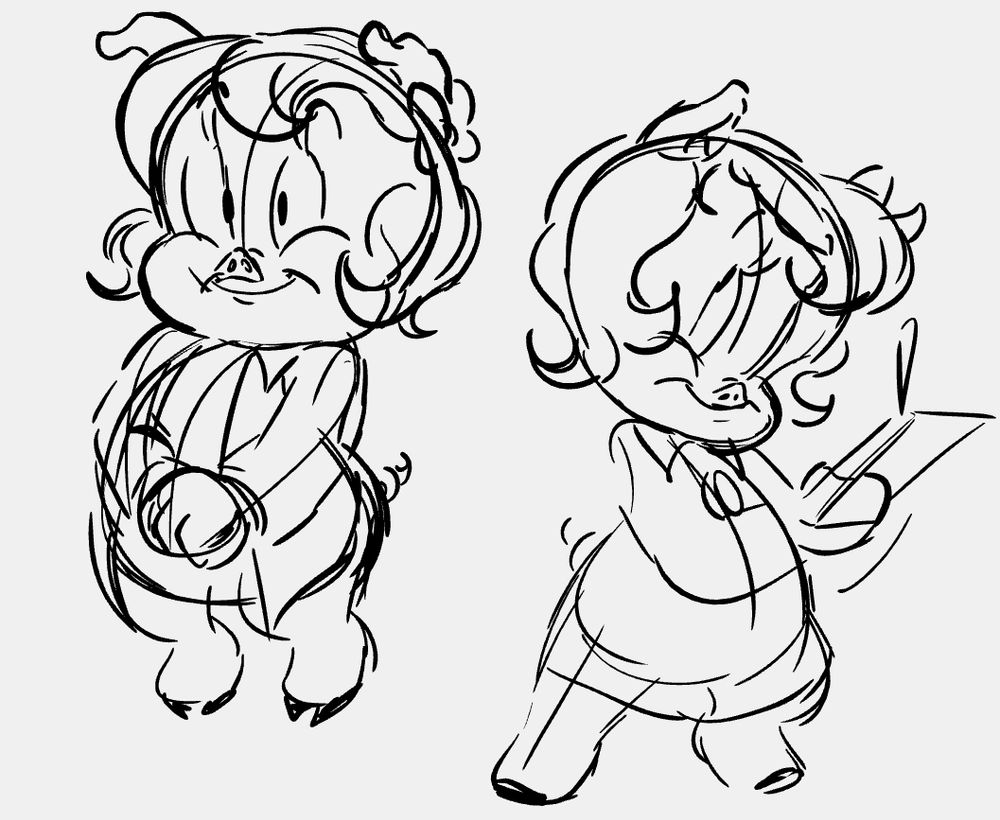 Sketchy drawings of Petunia Pig from The Day the Earth Blew Up on an off-white BG. On the left she stands in a more neutral pose, hands clasped and smiling--her build is a little rounder and softer than the pose on the right, which is slightly more dynamic and streamlined as she's taking notes