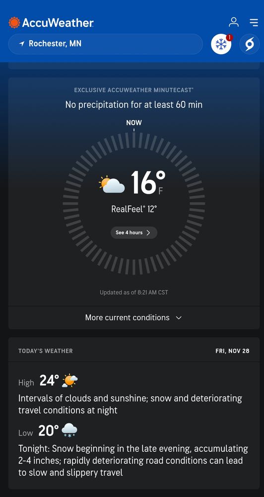 An AccuWeather app screenshot showing a current temperature of 16°F, a predicted high of 24°, and a predicted low of 20°F (four degrees higher than the current temp)