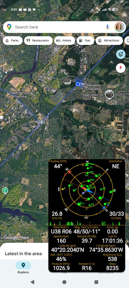 A GPS tracker app overlaid on Google Maps, showing a speed of 160 mph a bit northeast of Princeton Junction in New Jersey