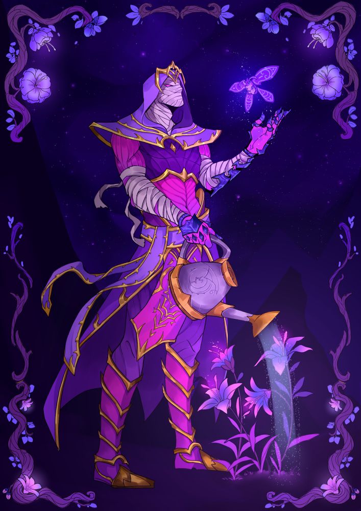 An ethereal named Sarvaad is standing in a voidy space, tending to his song flowers. He is reaching out one of his hands to a flying moth while watering his flowers.
