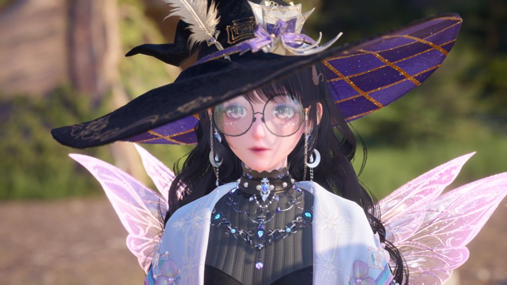 an infinity nikki screenshot. nikki is wearing a witch hat, large glasses, elaborate jewelry, a shawl, and fairy wings