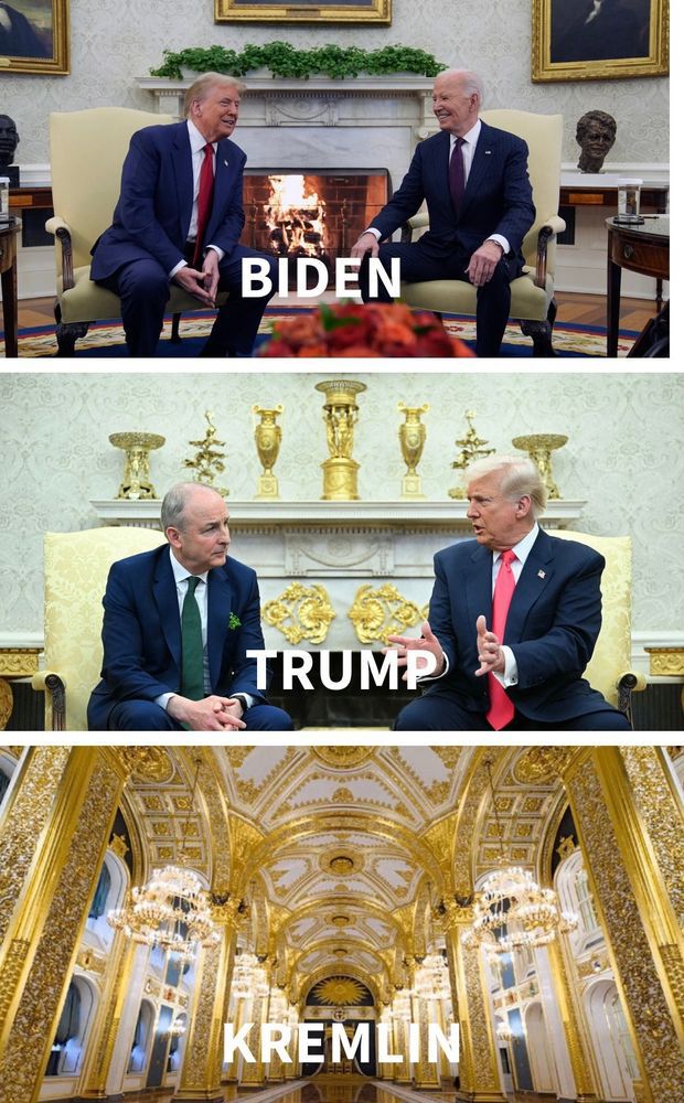 (In order) Biden-era interior of the Oval Office, Trump 2.0 interior(featuring some veryyy tacky golden decorations), and the interior of the Kremlin.