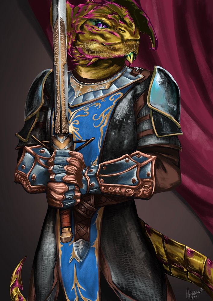 A Dragonborn with brass scales and a purple and green Maine with armor and a a sword