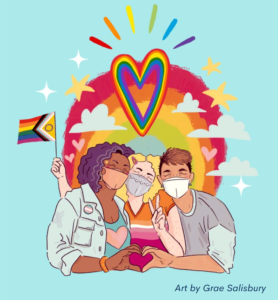 An artistic rendering of three masked people of varying genders and skin tones grouped together in the center of the image, as if they are smiling and posing for a photo.  The center person, wearing a t-shirt in the colors of the lesbian Pride flag, is making a peace sign with one hand and holding a small Progress Pride flag in the other.  The two people on either side, one wearing a trans Pride flag pin, are reaching across to touch hands, each making half of a heart shape.  Behind the group is a distant rounded rainbow, a rainbow heart hovers above their heads, and all are set against a light blue background. Text in the lower right-hand corner reads "Art by Grae Salisbury".