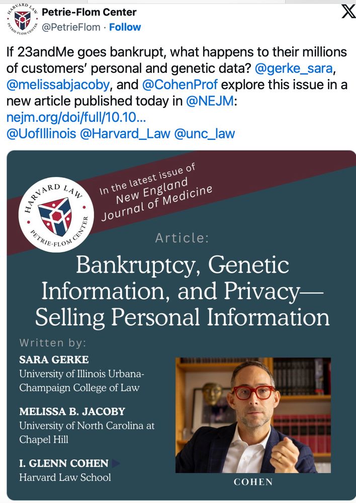Screen shot of twitter post from Petrie-Flom Center announcing article