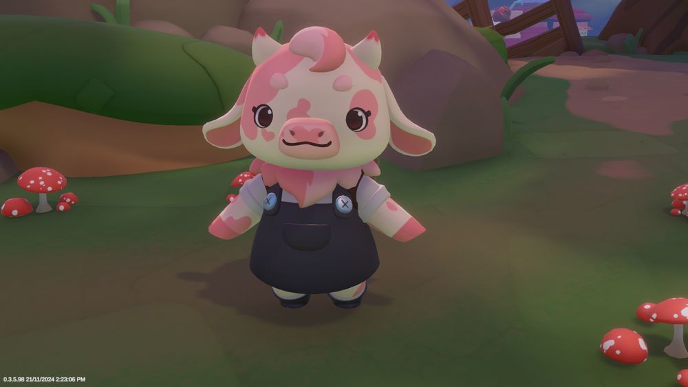 picture of the game cozy caravan. a pink cow is standing in front of some rocks and red mushrooms, wearing a black dress
