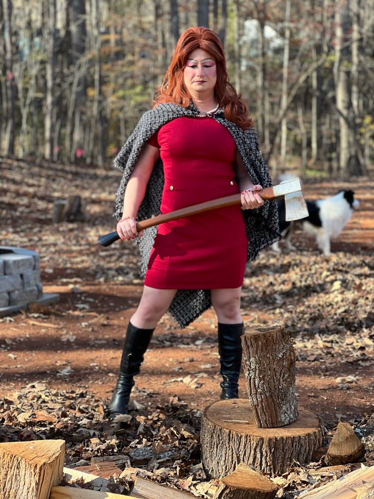 Wood splitting drag queen on the homestead