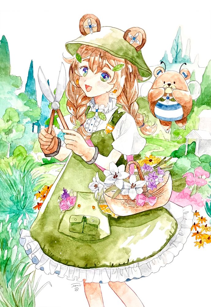 A watercolor illustration of Maggie gardening. Teddybee is flying behind her.