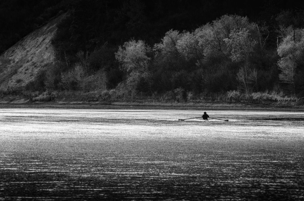 A rower rows down a river.