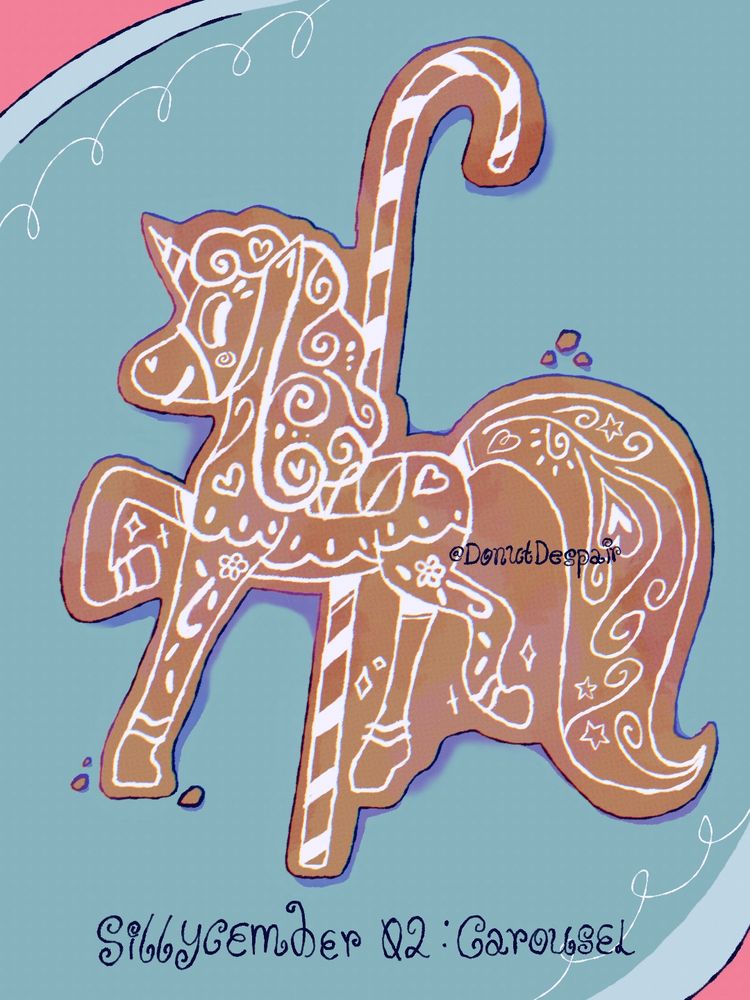 Digital illustration of a carousel horse made out of gingerbread with white icing details on a plate with loop detailing. The horse stands with one front and one back leg up as it smiles. The mane is made up of swirls of icing with various heart and dot pattern details that decorate the horse. The pole that supports the horse is shaped like a candy cane. Under the illustration is hand drawn text "Sillycember 02: Carousel".