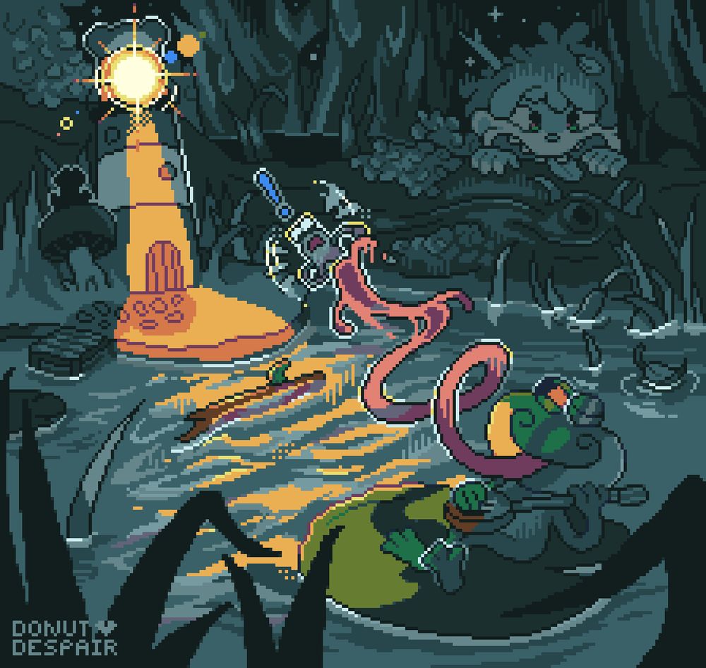 A pixel art illustration of a green frog riding a lily pad whilst playing the ukulele in a swamp, grass, reeds, leaves and other lily pads fill the swamp. They have one eye open and their tongue is extended out an captures a fly who has an exclamation mark above their head. A frog themed lighthouse is in the background bringing light onto the scene. Behind this lighthouse is a rotting log, shaped like a crocodile. A child peers over this log with his tongue out watching the frog and the fly.