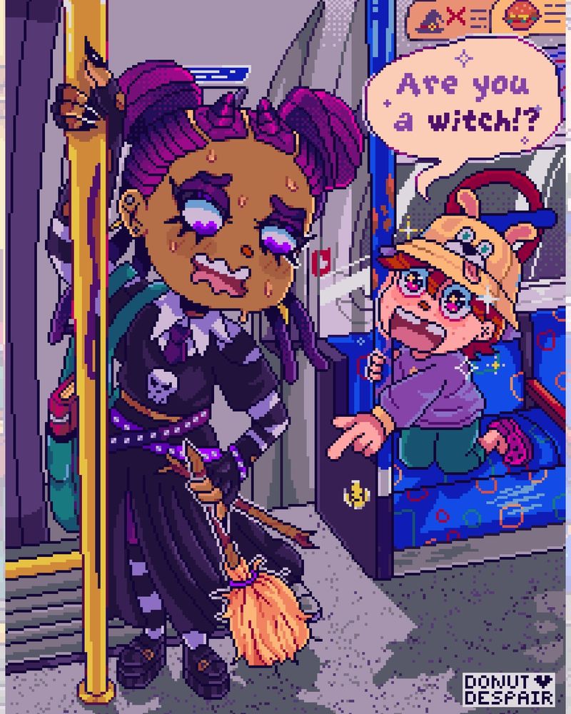 A pixel art cartoon illustration of a Black witch dressed in emo clothing as she rides the London underground. She's holding a broken broom in her left hand and holding onto the carriage rail with her right hand. A small, white child sits on a carriage seat and points at the witch, a speech bubble is displayed over the kid with the script text "Are you a witch!?".