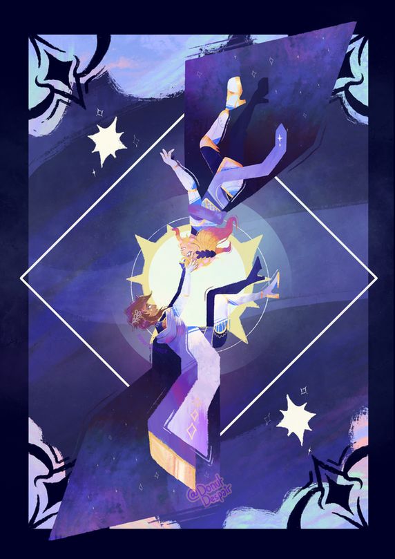 A digital art illustration that features two male characters falling through a blue and purple abstract and highly textured scene with pastel coloured blue, purple, pink and white clouds. The character at the top (Polaris) has light skin, blond hair and wears gold and white knight armour with a large blue cape. The second character (Atlas) has light brown skin and wears a white, gold and blue mage outfit which also features a large blue cape. Atlas' arms extend out to Polaris' head and gently holds this as they both gaze into each other's eyes.