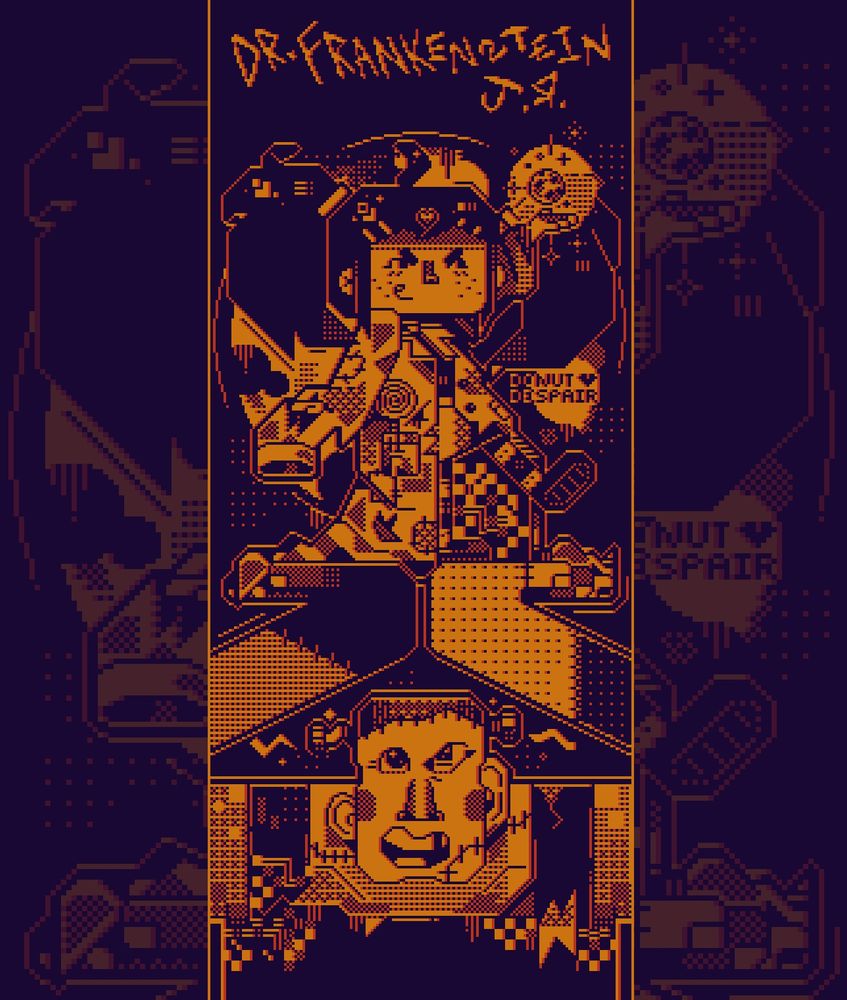 2 colour (purple, red, orange) pixel art illustration of two characters: Dr Frankenstein Jr and her Monster - inspired by the Frankenstein novel by Mary Shelley but as a pre-school retelling. The illustration shows the monster from shoulder up, lifting a child - Dr Frankenstein Jr up above it's head as she stands in it's hands lifting a cookie up. She has large hair in uneven pigtails and wears and oversized, torn lab coat with a lollipop in her pocket. The Monster has stitching across its head with bolts on either side and eyes and ears constructed from different bodies.