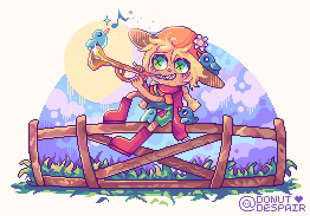 A pixel art illustration of a cartoon scarecrow character wearing overalls with wellies, a straw hat and scarf sits on a fence playing a trumpet. One bird sits at the end of the trumpet, one sits on the scarecrow's hat and another holds onto the scarecrow's scarf. In the background there are clouds that populate a blue sky and sun.