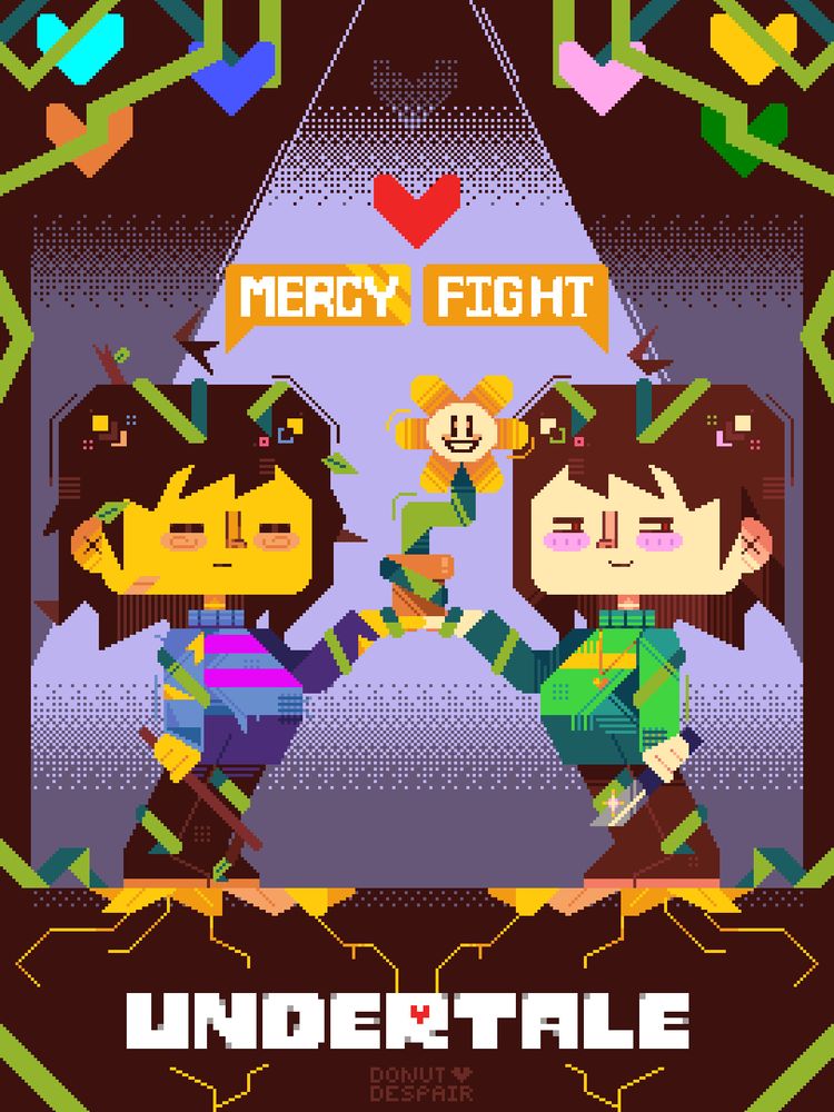 Pixel art illustration of the UNDERTALE characters Frisk and Chara. Both are stood on golden flower petals, mirroring each other's pose holding Flowey with one hand whilst being wrapped and tangled in vines. On the left is Frisk who has a stick in their other hand, they appear dishevelled with leaves and twigs in their their and their jumper is torn. Chara, on the right, is  holding knife instead. Vines are growing throughout the background with 6 hearts tangled in them at the top. A beam of light shines down on them both and a separate heart is shown in the center. Under this heart are two speech bubbles, the one above Frisk displays "MERCY" with a shine on the bubble. The One above Chara displays "FIGHT. At the bottom of the illustration is the game logo "UNDERTALE".