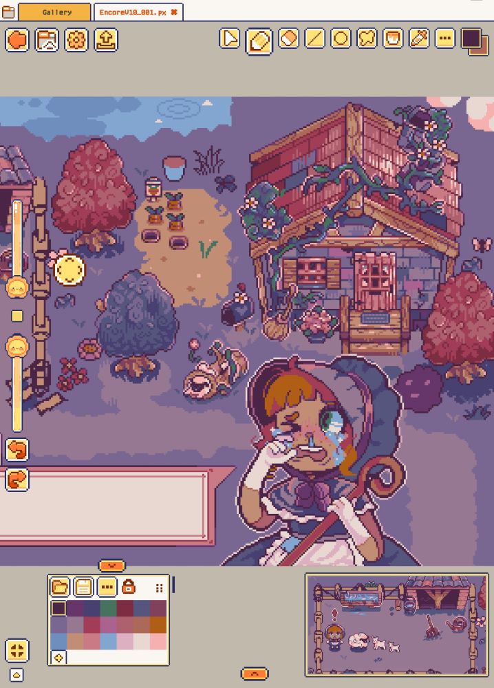 Screenshot from the app Pixquare showing a pixel art mockup of a 2D game set in a farm environment with a small cottage house covered in vines, carrots being grown in a patch and a variety of trees, bushes and plants. There is a large sprite of Little Bo Peep crying. In the smaller preview window it shows a sheep enclosed with a smaller character sprite of Little Bo Peep as well as sheep and lambs within the enclosure.