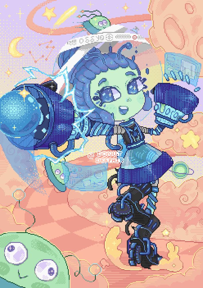 A pixel art illustration of a sea anemone character gijinka based off of the Nintendo game Splatoon and the L-3 Nozzlenose weapon. The character has green skin, alien like antenna and wears and outfit similar to that of an astronaut. The special weapon baller is used as a helmet, two large hose pipe ends are used as large hand blasters with one creating a energy ball, the other hand has floating rods similar to fingers used to bring up a ui screen. The character wears big black boots with curling bombs placed under which act as roller boots. The background are hues of oranges and pinks and feature a checkered road which the character stands on. Clouds, a moon, stars, planets and aliens fill the background.