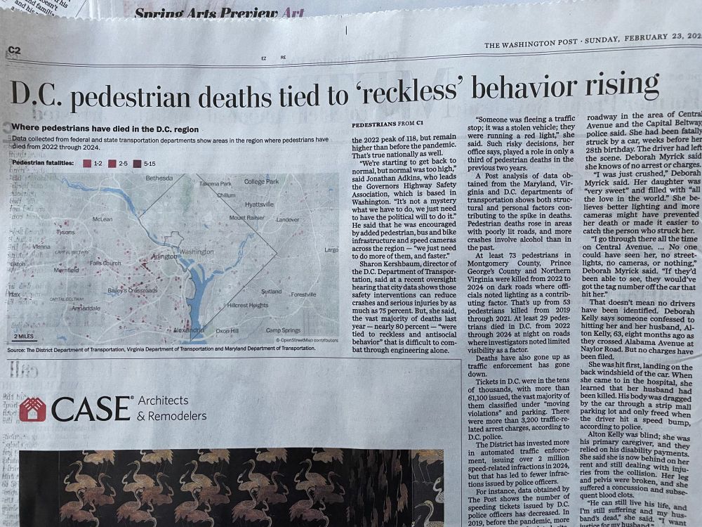 Washington Post print edition jump headline that says "DC pedestrian deaths tied to 'reckless' behavior rising".