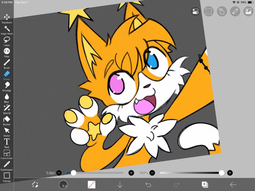 a flat colored drawing of an orange cat with heterochromia holding a peace sign up to the camera