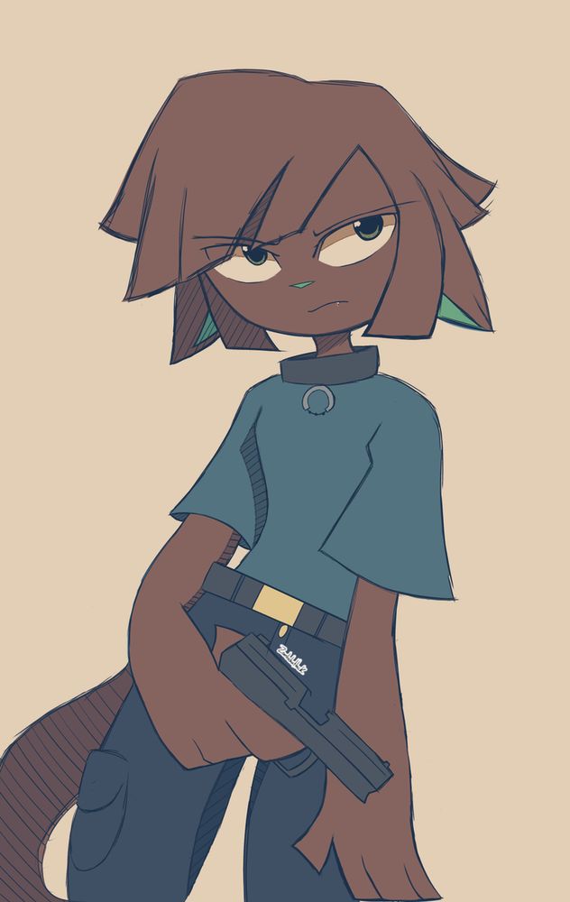 a digital art piece of an anthropomorphic cat with brown fur and green eyes looking at the camera and holding a small pistol. 