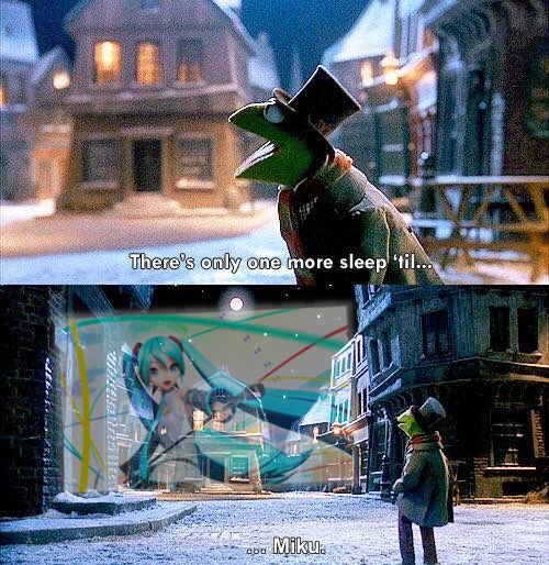 an image of kermit the frog on a street corner singing “one more sleep till christmas”. the second screenshot has been edited to display an image of hatsune miku.