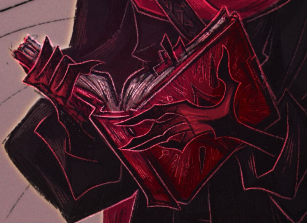 a pair of clawed red hands holding open a red book