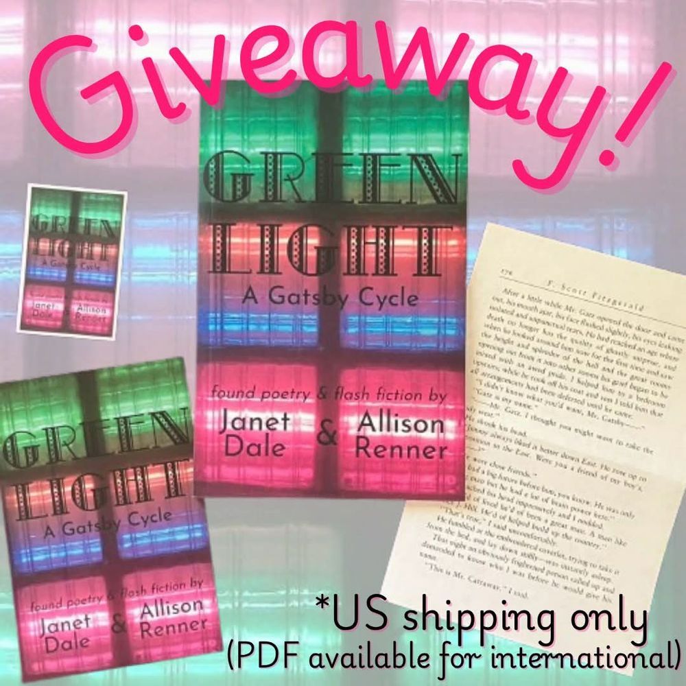 A copy GREEN LIGHT: A GATSBY CYLE, sticker, postcard, and pages from Gatsby. 