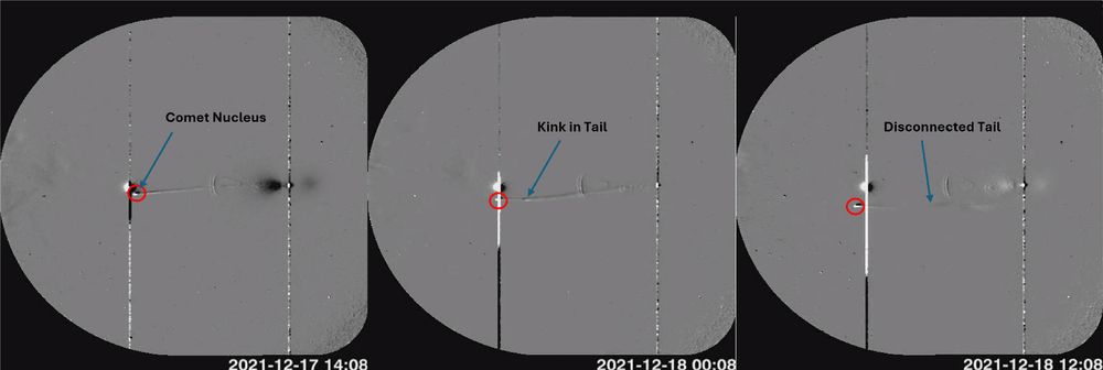 Three Heliospheric Imager frames of a comet tail from undergoing a kinking motion, followed by a disconnection.