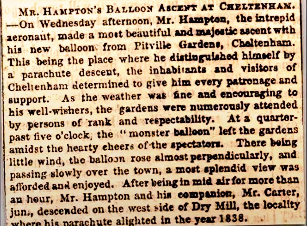 A written extract from a Cheltenham newspaper in 1844 concerning the flight of a hot air balloon in Pittville Park, Cheltenham 