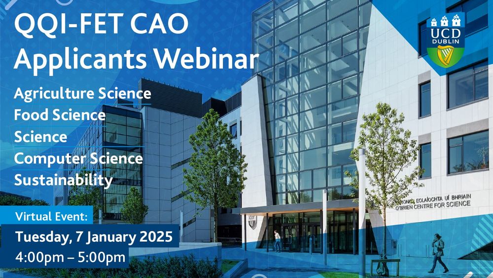 QQI-FET CAO Applicants Webinar. Tuesday, 7 January 2025 at 4:00pm – 5:00pm. Courses include: Agriculture Science, Food Science, Science, Computer Science and Sustainability.