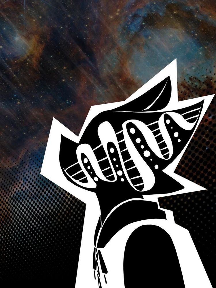 An abstract drawing of a silhouette of an anthromorphic cat in front of a picture of space (SPACE!!). In their head is a weird biological pattern. 