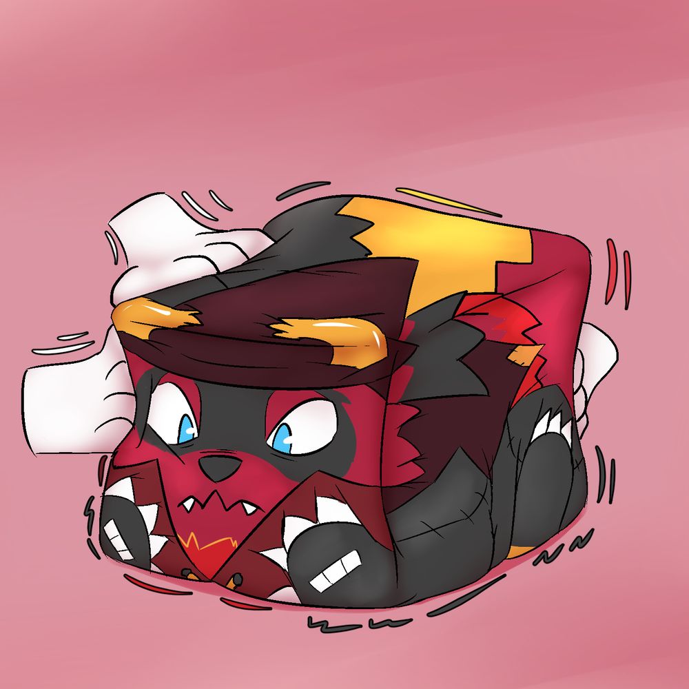 A colored image of a plushy zigzagoon character in a witch-type had and robe. It has been squished into a cube shape by ghost hands shoving it around from each side, and now it can no longer move freely outside of the cube shape. It may still be able to bounce or inch around slightly, but I am not certain. 