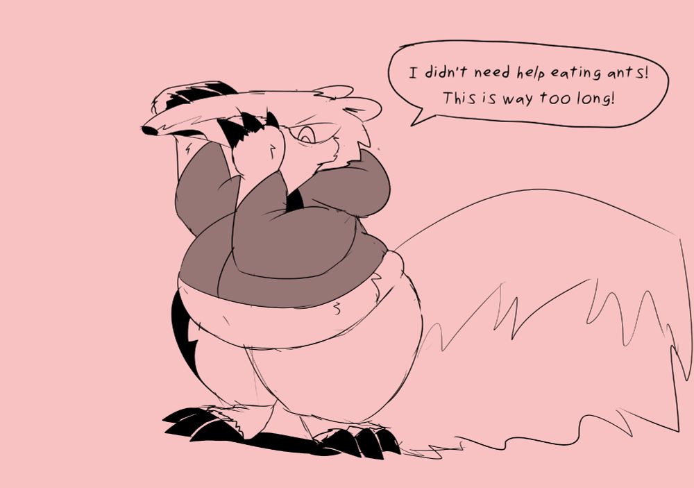 haze as a fat anteater. she is gripping her snout with her claws and complaining. her belly shows under her sweater.
"I didn't need help eating ants! This is way too long!"