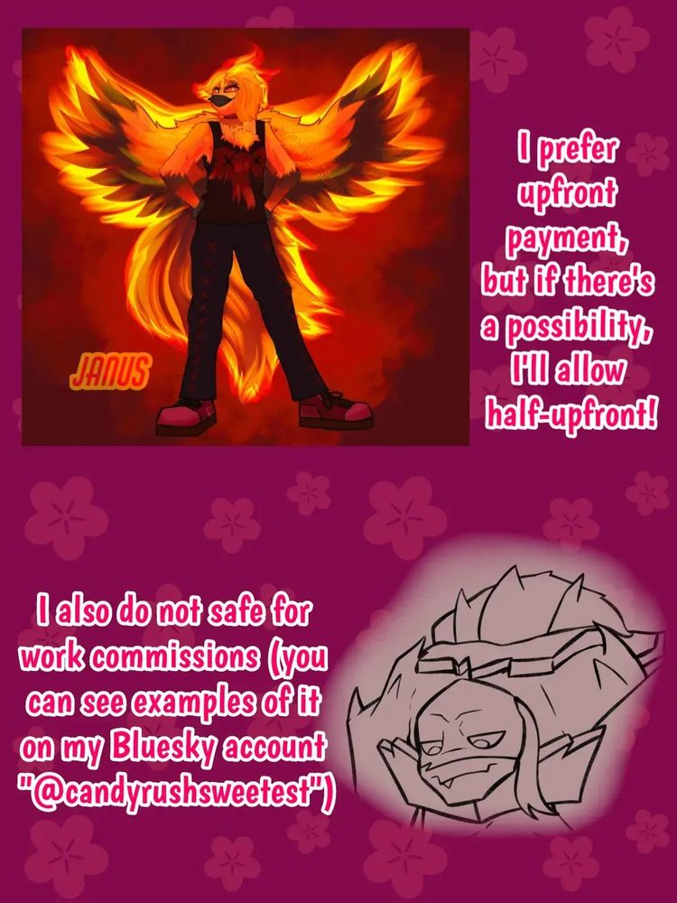 I prefer upfront payment, but if there's a possibility, I'll allow half-upfront!
I also do Not Safe For Work commissions (you can see examples on my Bluesky account)