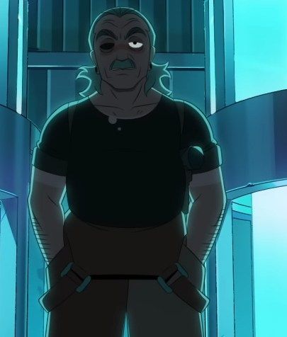 Sparky from the front. We see he's missing an eye and he's got a gun holstered under his left arm.