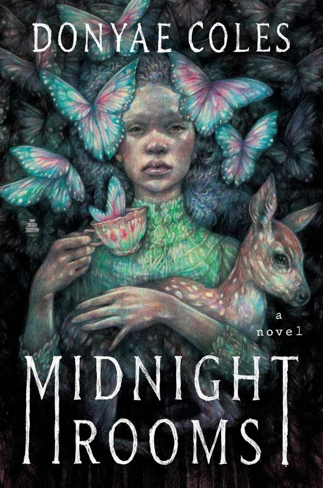 The cover of Midnight Rooms by Donyae Coles. It's a painting of a woman holding a young doe and a tea cup. There are butterflies flying out of the cup and fluttering around her head.