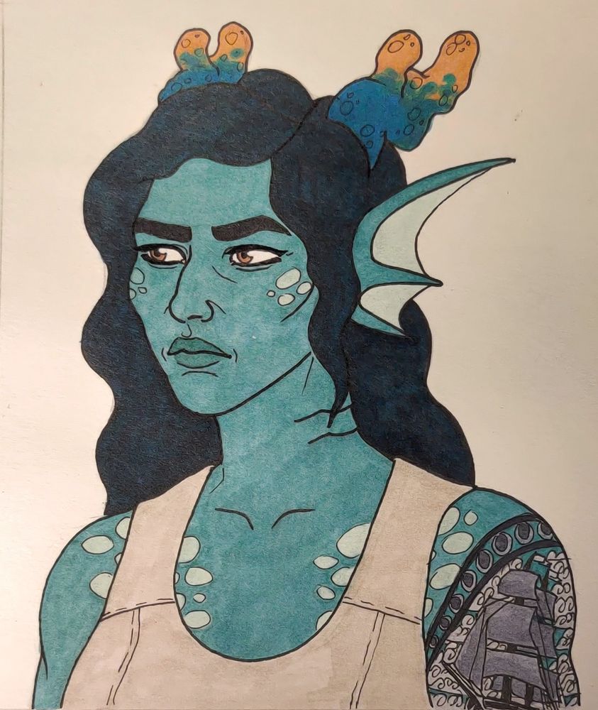 A female presenting Ocean elf with greenish blue skin, long dark green (almost black) wavy hair, brown eyes, webbed ears. She's got horns that resemble corals which are blue at the bottom and orange at the top. She's also got gills and lighter spots on her cheeks and her upper chest. She's wearing a grey tank top and has a tattoo of a sail ship.