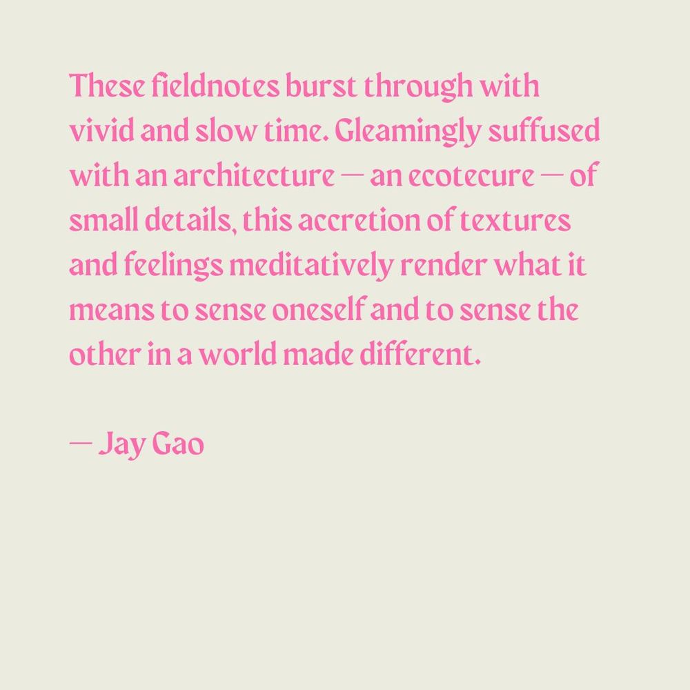 These fieldnotes burst through with vivid and slow time. Gleamingly suffused with an architecture - an ecotecture - of small details, this accretion of textures and feelings meditatively render what it means to sense oneself and to sense the other in a world made different. - Jay Gao