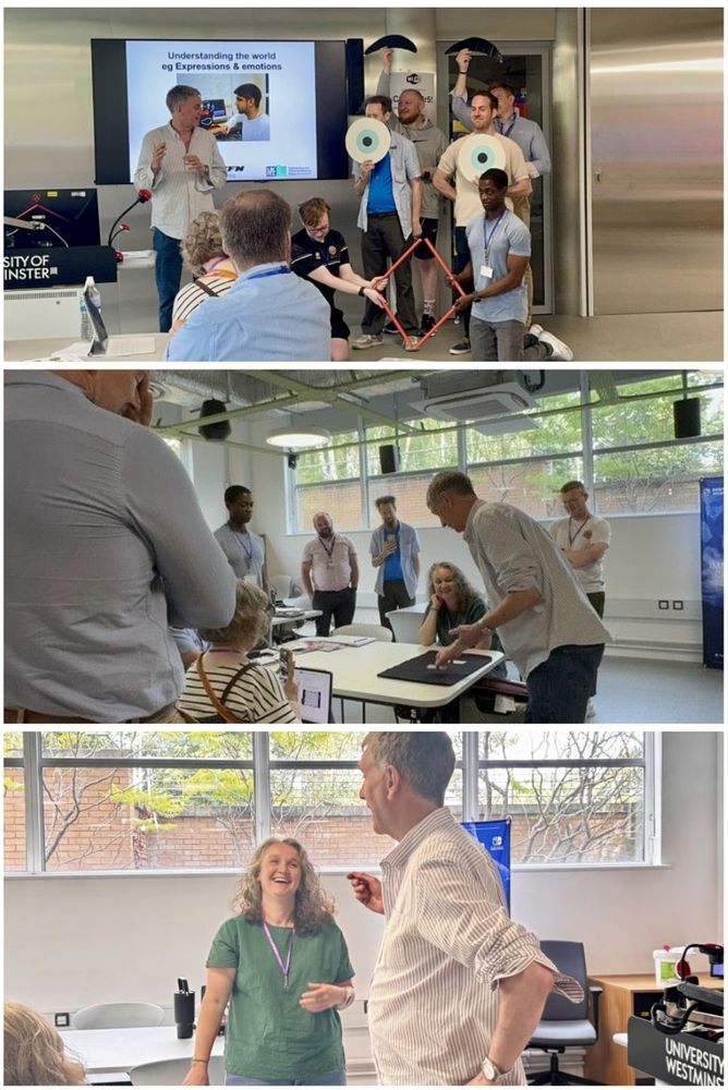 Three pictures from the session of making a robotic face from volunteers programmed to react to sounds and doing magic.