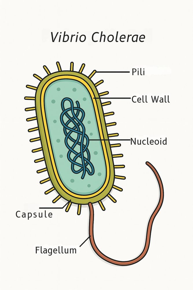 An illustration of the cholera bacteria, vibrio cholerae. Showing the tube shaped bacteria with pili around the outside, the genetic material inside the capsule, and a single flagellum.