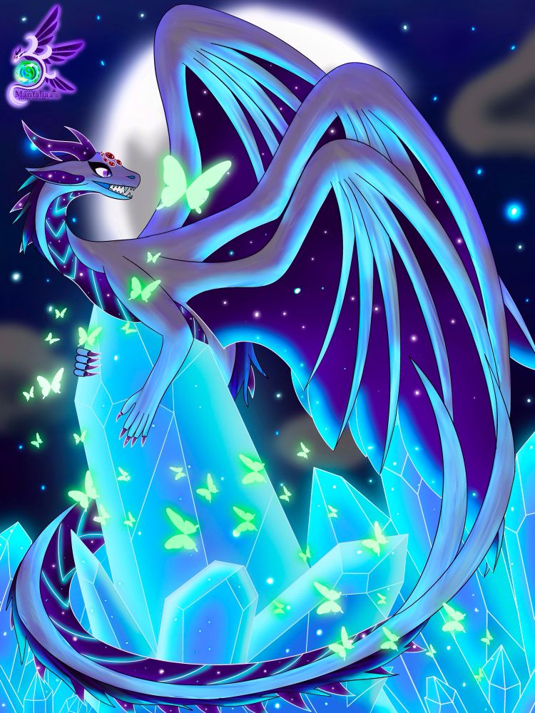 Mantalia as a big dragon on a huge blue crystal

Mantalia en dragon sur un cristal bleu géant