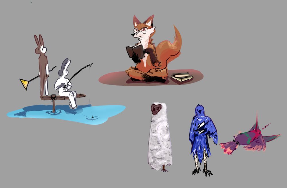 a collection of relatively anthropomorphic animals (a fox, 2 rabbits, and 3 different birds) in daily life style sketches.