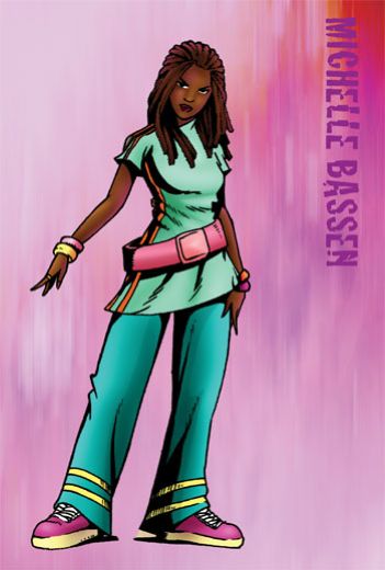 Illustrated 14 year old black girl with long dreads in bright green clothes with pink belt and pink shoes. She has colorful bangles on her arm.