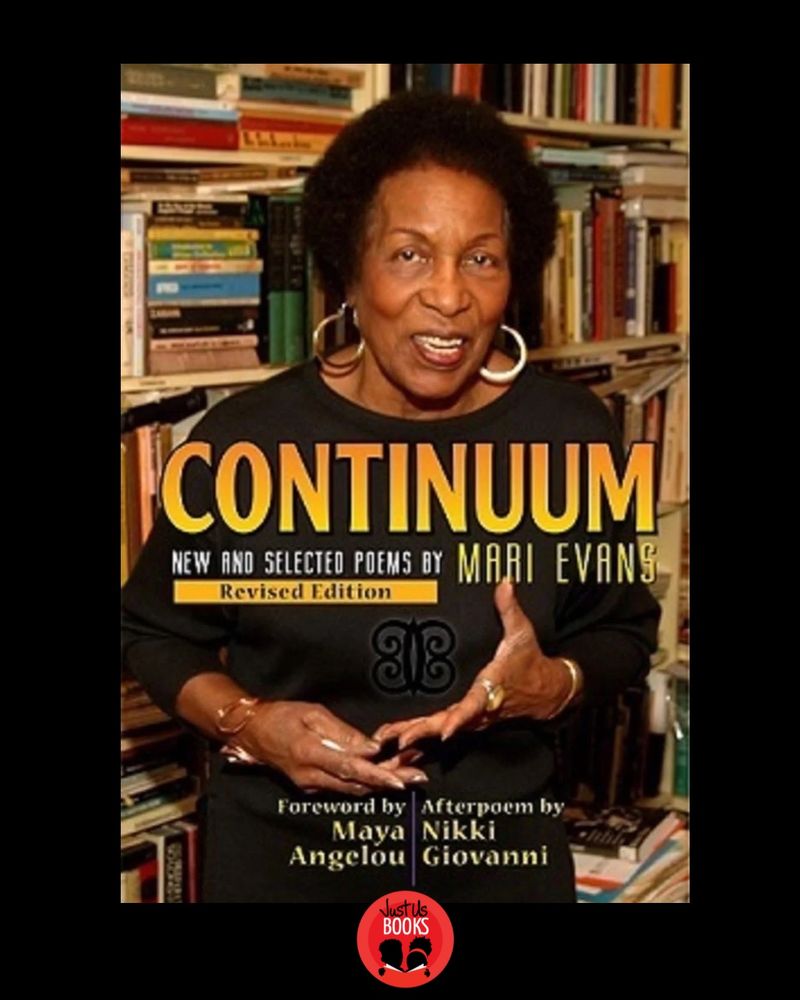Cover of the book Continuum: New and Selected Poems by Mari Evans. Mari is pictured smiling, standing in front of a bookcase full of books 