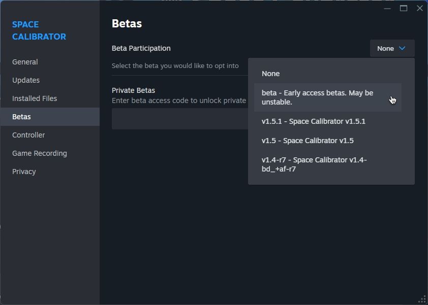 The Steam properties window for Space Calibrator, on the Betas page showing older versions and a beta channel available.