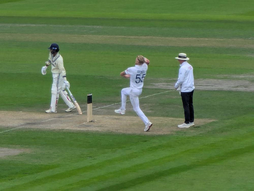 Ben Stokes bowling at Old Trafford this morning.