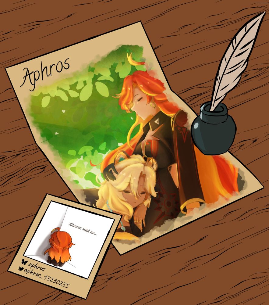 Artwork by Aphros of Xilonen sleeping with her head on Mavuika's lap under a tree on a sunny day.