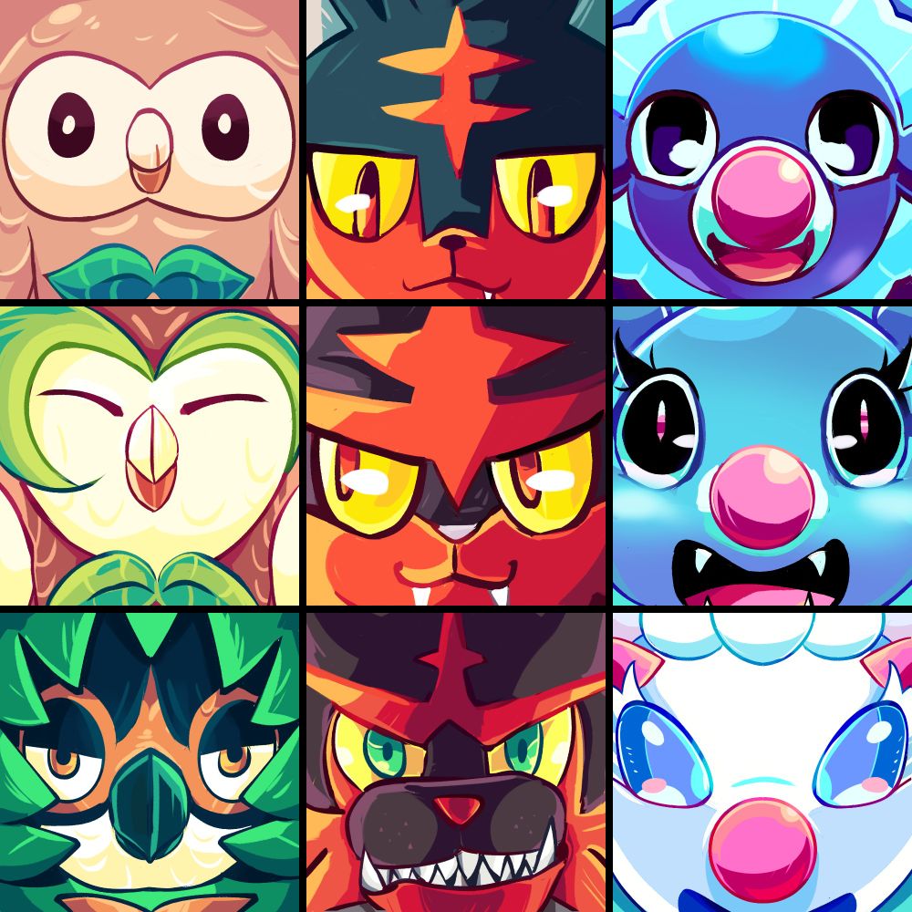 The image features a grid of nine colorful character portraits, depicting Pokémon. The top row includes a round n owl-like creature, a cat-like character with yellow eyes, and a blue, clown-like seal character with a pink nose. The middle row shows a owl character with close eyes a green feather like a strand of hair, a red, fierce-looking cat character, and light blue clown seal character smiling with sharp teeth. The bottom row features a leafy owl character, a more aggressive evolution of the red cat character, and a white, red nosed and bright-eyed clown themed seal character, with long eyelashes. The overall aesthetic is vibrant and colorful.